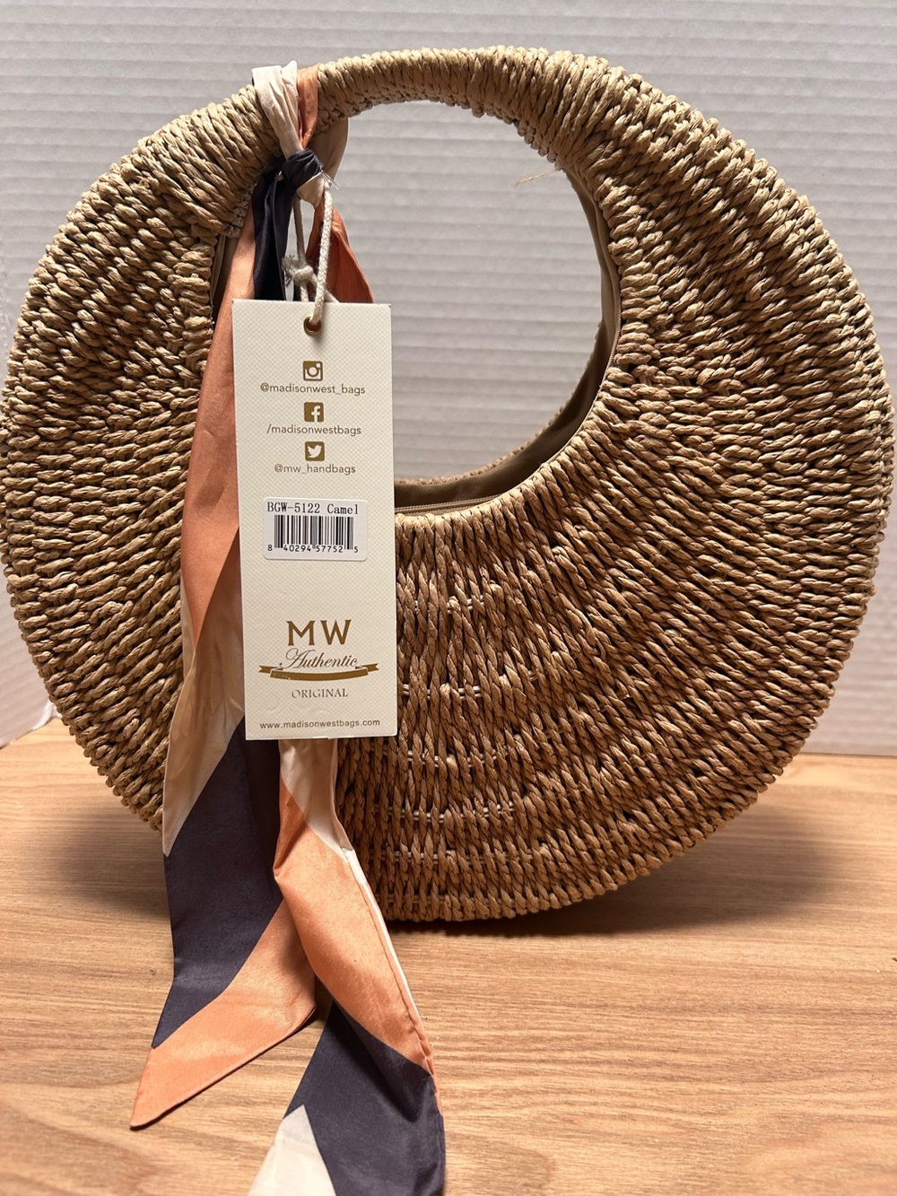 Woman’s Madison West Woven Straw Moon Bag with Scarf Accent NWT